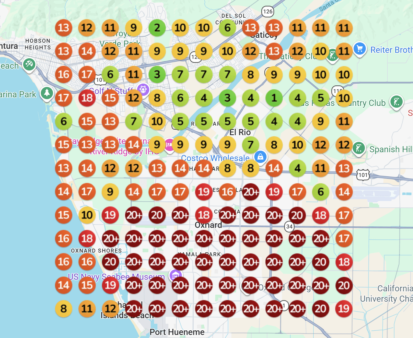 Geo-grid map ranking report for "concrete coating" around Oxnard, CA before working with Industry Mammoth — positions scattered from #6 to #20+