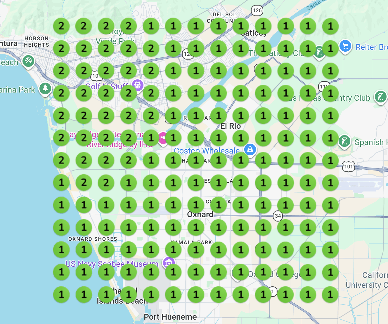 Geo-grid map ranking report for "concrete polishing" around Oxnard, CA after working with Industry Mammoth — ranked #1 or #2 at every scan point