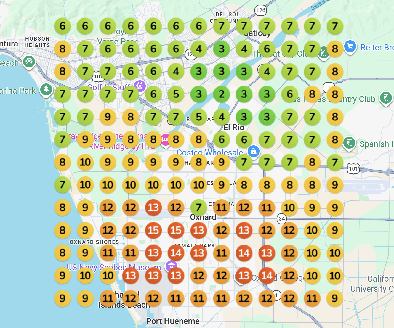Geo-grid map ranking report for "concrete polishing" around Oxnard, CA before working with Industry Mammoth — positions ranging from #2 to #15