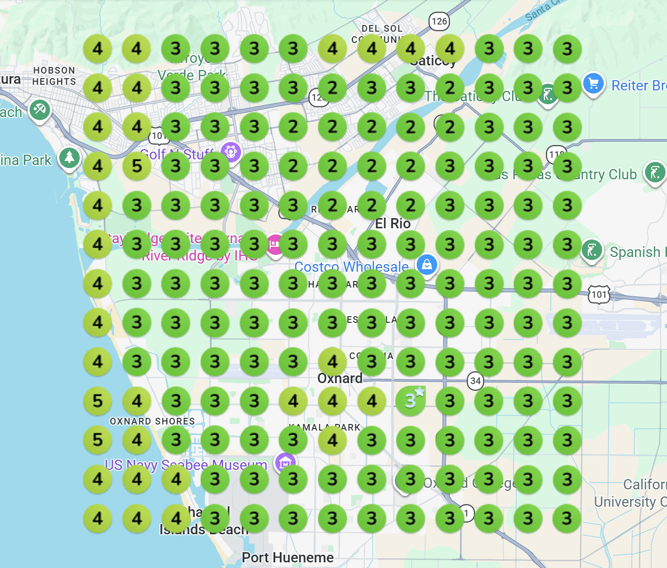 Geo-grid map ranking report for "epoxy garage floor" around Oxnard, CA after working with Industry Mammoth — top 4 at every scan point