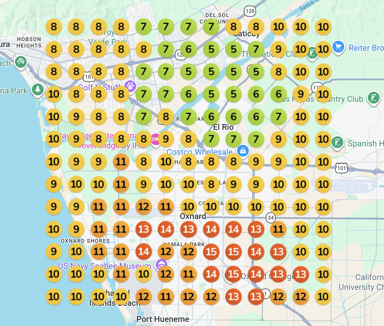 Geo-grid map ranking report for "epoxy garage floor" around Oxnard, CA before working with Industry Mammoth — positions mostly #8 to #15